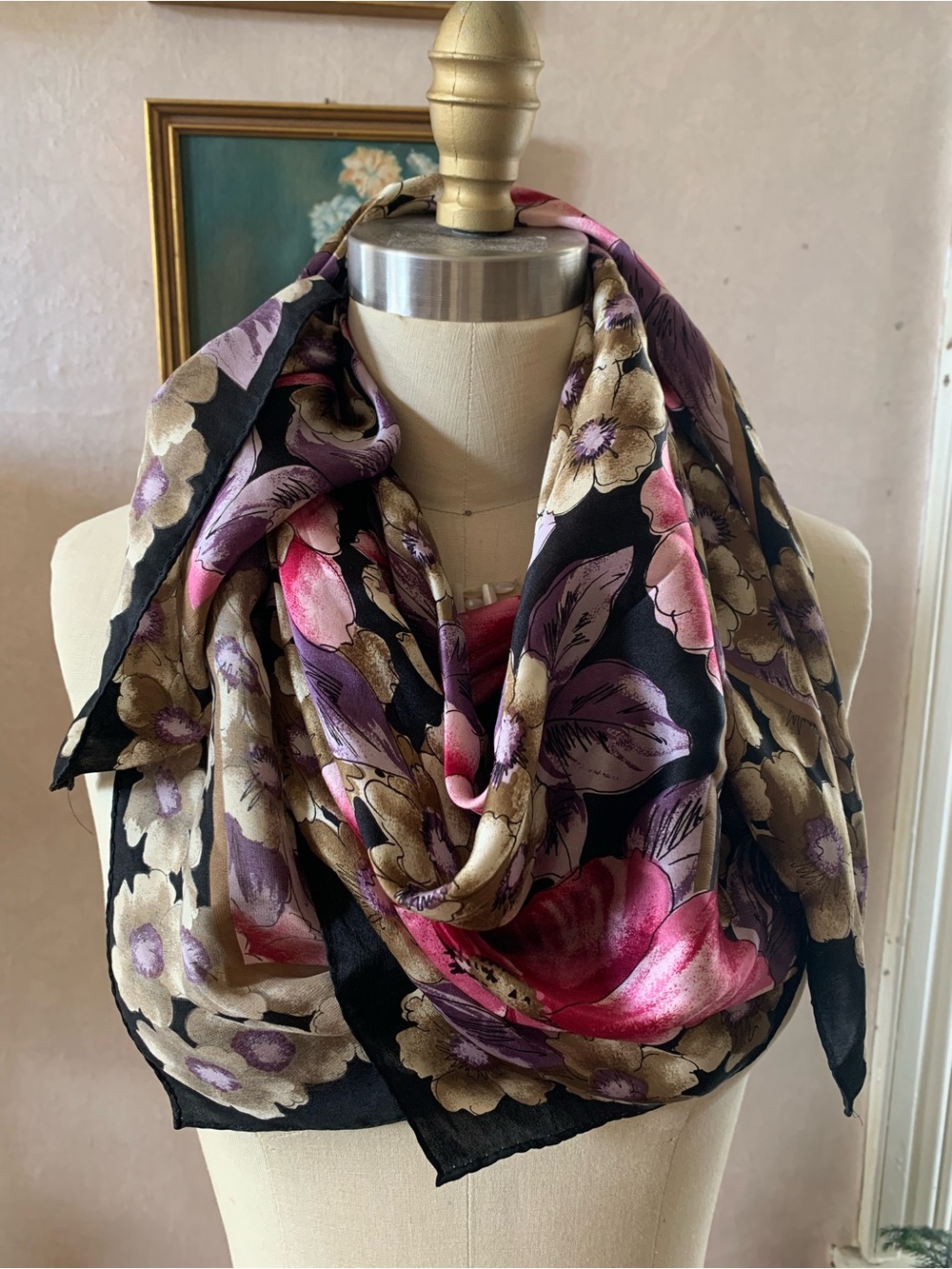 Adrienne Vittadini Floral Silk Scarf in Black, Pink & Gold